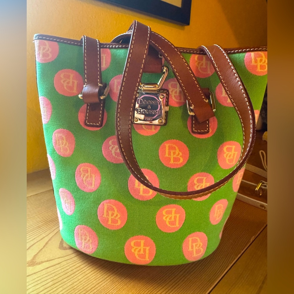Dooney & Bourke Green and Pink Canvas Tote Bag